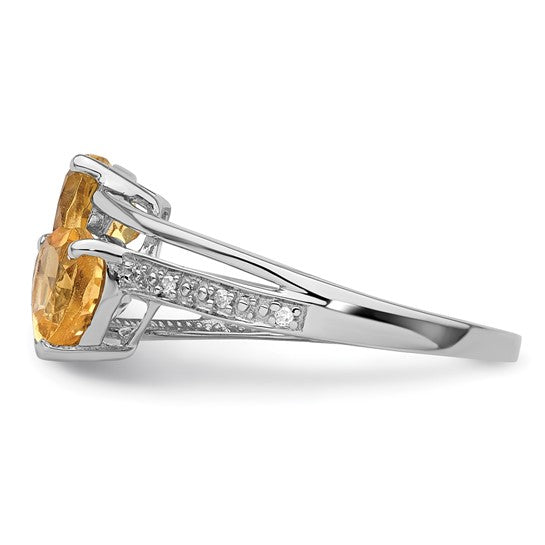 Sterling Silver Polished Citrine and Diamond Double Heart Ring Size 7 Only