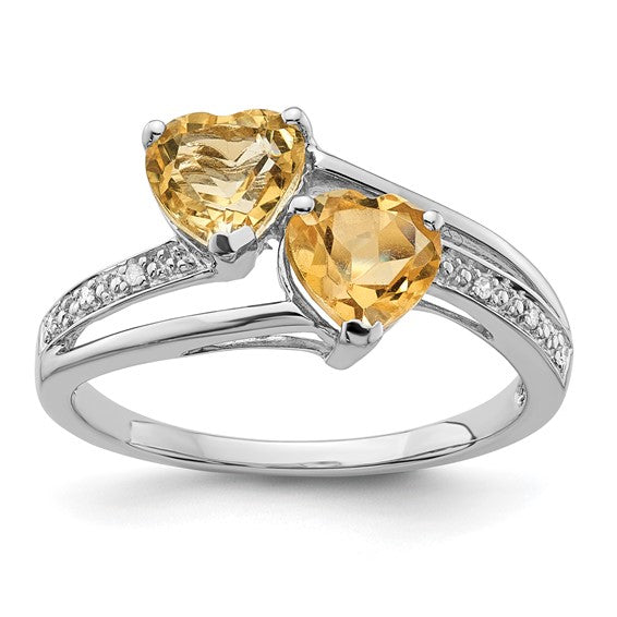 Sterling Silver Polished Citrine and Diamond Double Heart Ring Size 7 Only