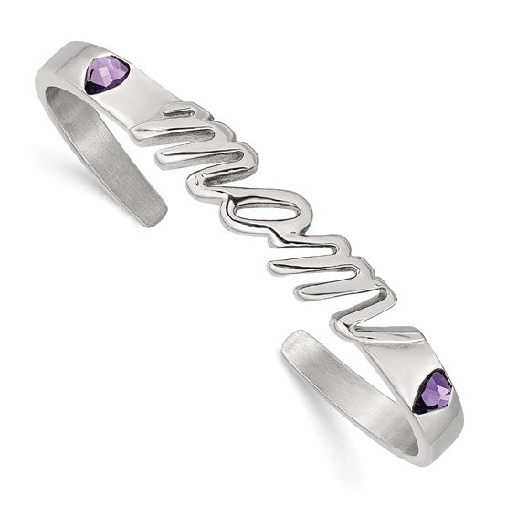 Stainless Steel Polished with Purple CZ MOM Bangle