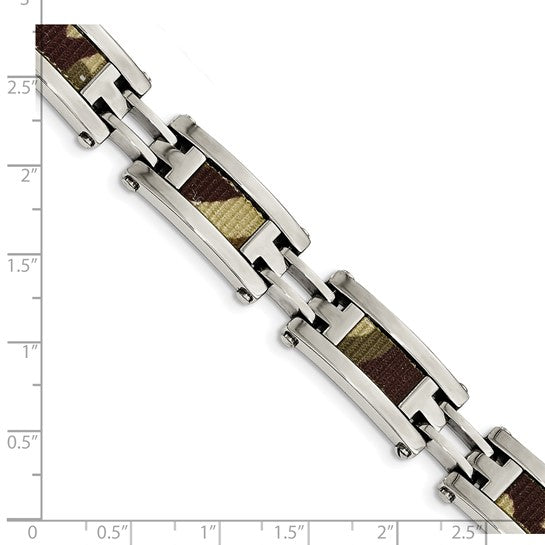 Stainless Steel Polished with Brown Camo Fabric Inlay 8.75in Bracelet