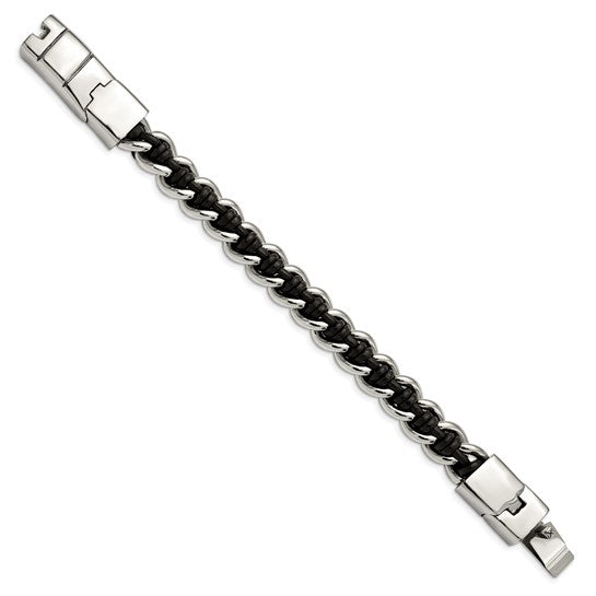 Stainless Steel Polished Black Leather 8.5in Bracelet