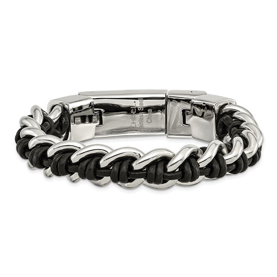 Stainless Steel Polished Black Leather 8.5in Bracelet