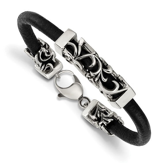 Stainless Steel Antiqued and Polished Filigree Black Leather Cord Bracelet 8.5in