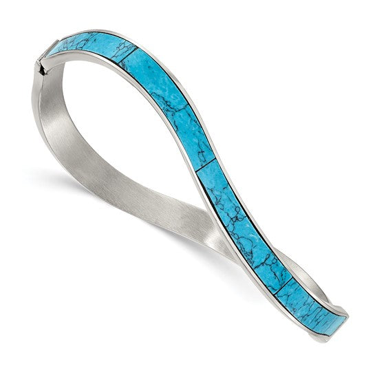 Stainless Steel Polished Imitation Turquoise Hinged Bangle