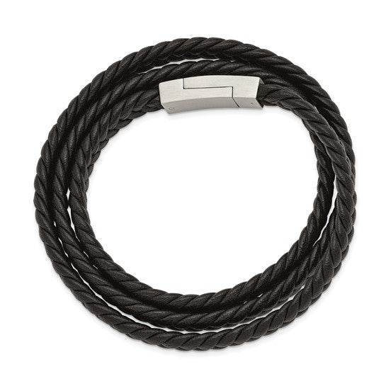 Stainless Steel Brushed Black Braided Leather 23 inch Wrap Bracelet