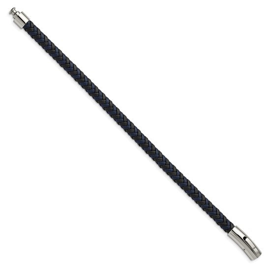 LS - Stainless Steel Polished Black and Blue Braided Leather 8.25 inch Bracelet