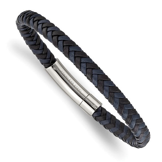 LS - Stainless Steel Polished Black and Blue Braided Leather 8.25 inch Bracelet