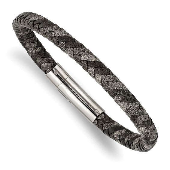 LS - Stainless Steel Polished Black and Grey Braided Leather 8.25 inch Bracelet