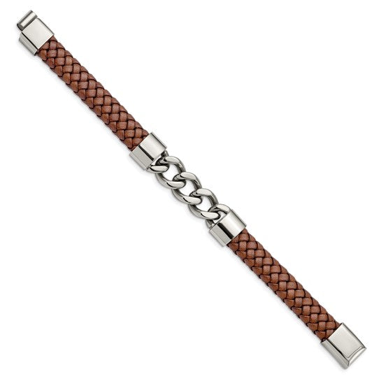 Chisel Stainless Steel Polished Chain and Braided Brown Leather 8.25 inch Bracelet