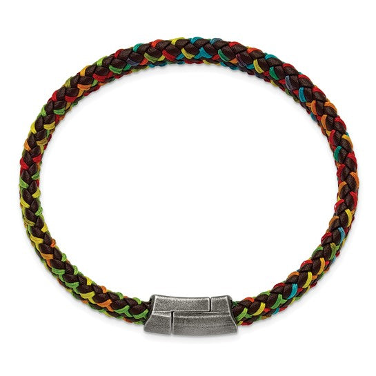 Stainless Steel Antiqued Braided Brown Leather and Multi-color Nylon 8.25 inch Bracelet