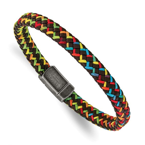 Stainless Steel Antiqued Braided Brown Leather and Multi-color Nylon 8.25 inch Bracelet