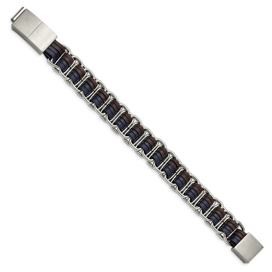 Stainless Steel Polished with Blue and Brown Leather with .5in ext 8in Bracelet