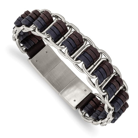 Stainless Steel Polished with Blue and Brown Leather with .5in ext 8in Bracelet