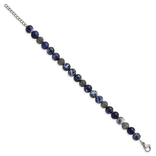 Stainless Steel Antiqued and Polished Sodalite 7.5in with 1in ext Bracelet