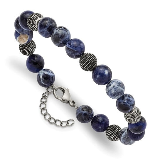 Stainless Steel Antiqued and Polished Sodalite 7.5in with 1in ext Bracelet