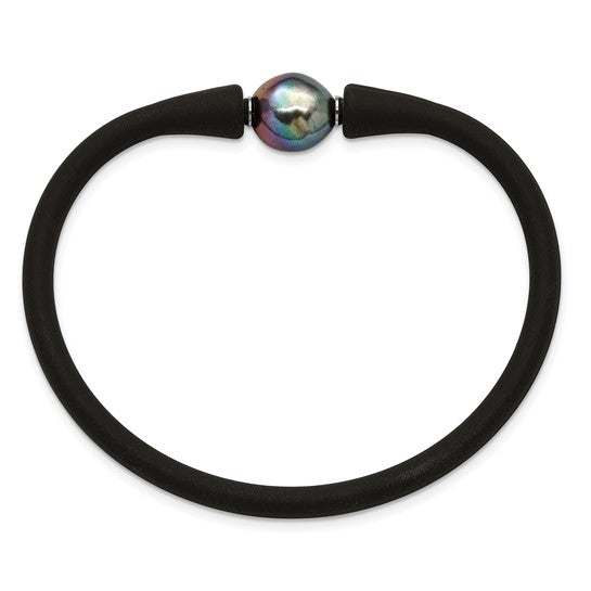 Stainless Steel Polished 9-10mm Blk Baroque FWC Pearl Blk Silicone Bracelet