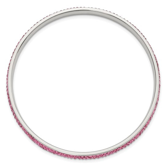 Stainless Steel Polished Pink Crystal Rounded Bangle