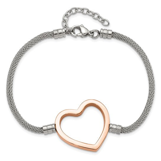 Stainless Steel Pink PVD-plated Heart Mesh with 1.5in ext Bracelet 7.75 in