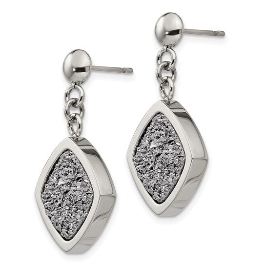 Stainless Steel Polished with Silver Druzy Post Dangle Earrings