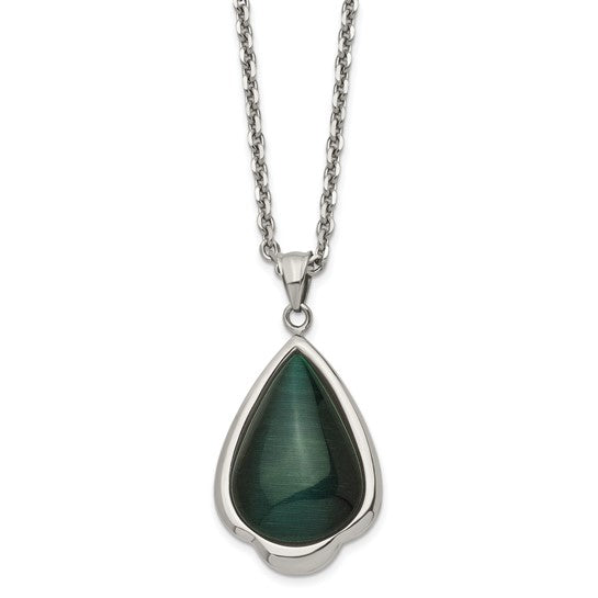 Stainless Steel Polished Synthetic Green Cats Eye Teardrop 20in Necklace