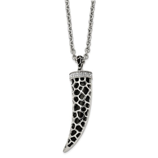 Stainless Steel 28in Polished Enamel with Black Glass and Crystal Horn Necklace