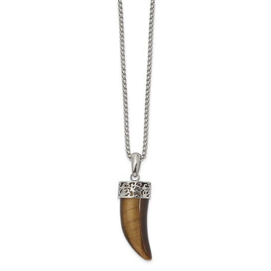 Stainless Steel Polished Tiger's Eye Horn Pendant on a 24 inch Box Chain Necklace