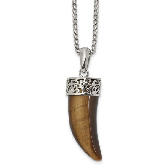 Stainless Steel Polished Tiger's Eye Horn Pendant on a 24 inch Box Chain Necklace