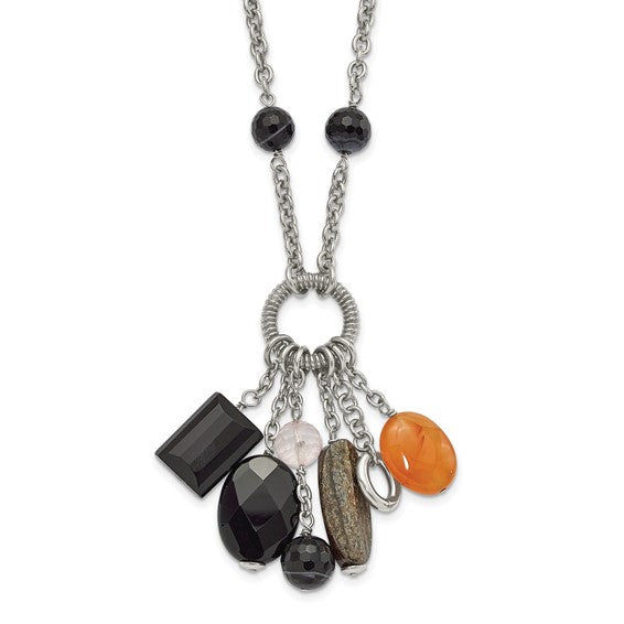 FYD - Stainless Steel Black Agate Moonstone and Crystal with 2in ext Necklace