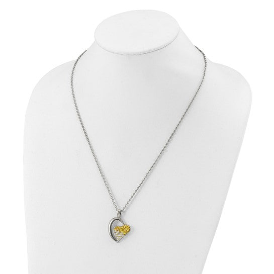 Stainless Steel Polished Yellow and White Crystal Heart Necklace