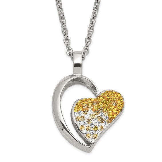 Stainless Steel Polished Yellow and White Crystal Heart Necklace