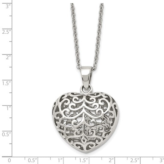 Chisel Stainless Steel Polished Filigree Puffed Heart Pendant on a 22 inch Cable Chain Necklace