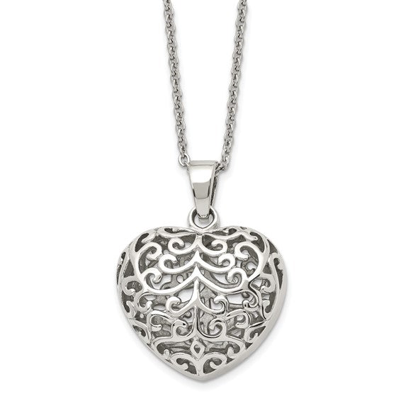 Chisel Stainless Steel Polished Filigree Puffed Heart Pendant on a 22 inch Cable Chain Necklace