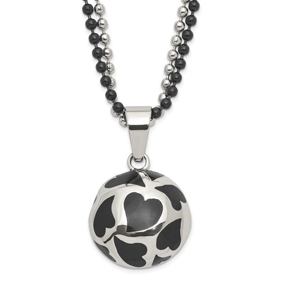 Stainless Steel Black Enamel Hearts 24in Necklace