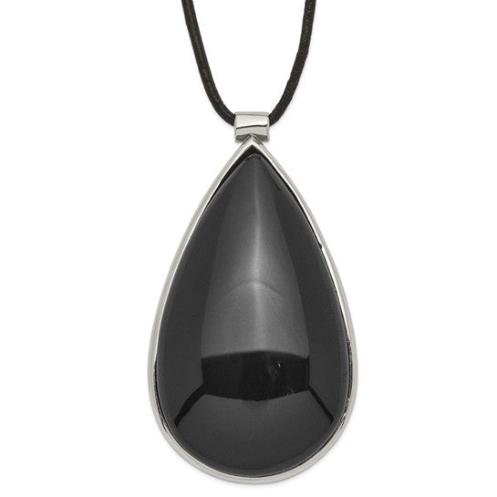 Stainless Steel Black Glass Teardrop with 21.5in Necklace