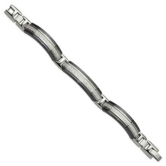 Titanium and Sterling Silver Black Ti Men's Polished with Textured Center Link Bracelet 8in