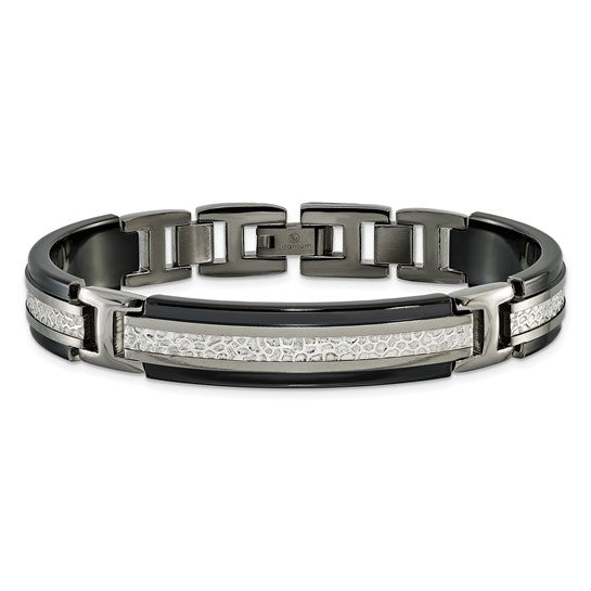 Titanium and Sterling Silver Black Ti Men's Polished with Textured Center Link Bracelet 8in