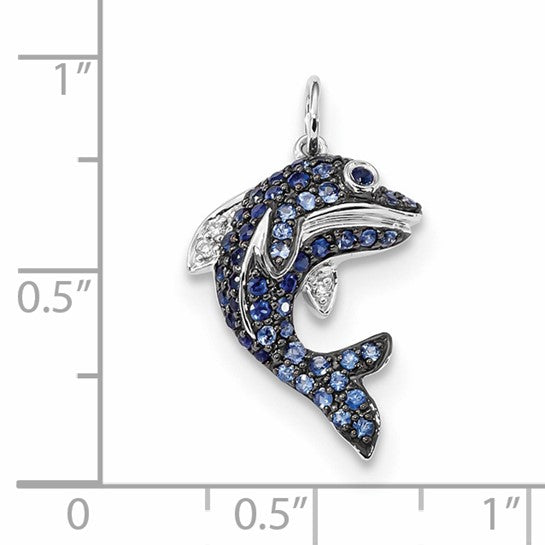 14k White Gold Genuine Diamond and Genuine Blue Sapphire Dolphin Pendant ONLY