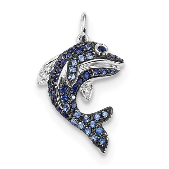 14k White Gold Genuine Diamond and Genuine Blue Sapphire Dolphin Pendant ONLY