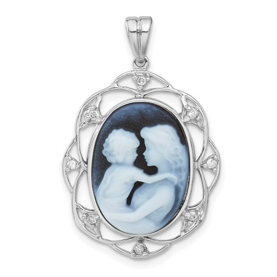 14k White Gold Everlasting Love 1/10th Diamond Agate Cameo Pendant ONLY