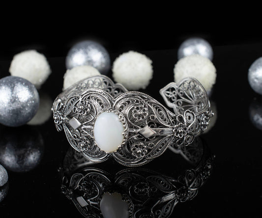 Sterling Silver  Art Mother of Pearl Cuff Bracelet