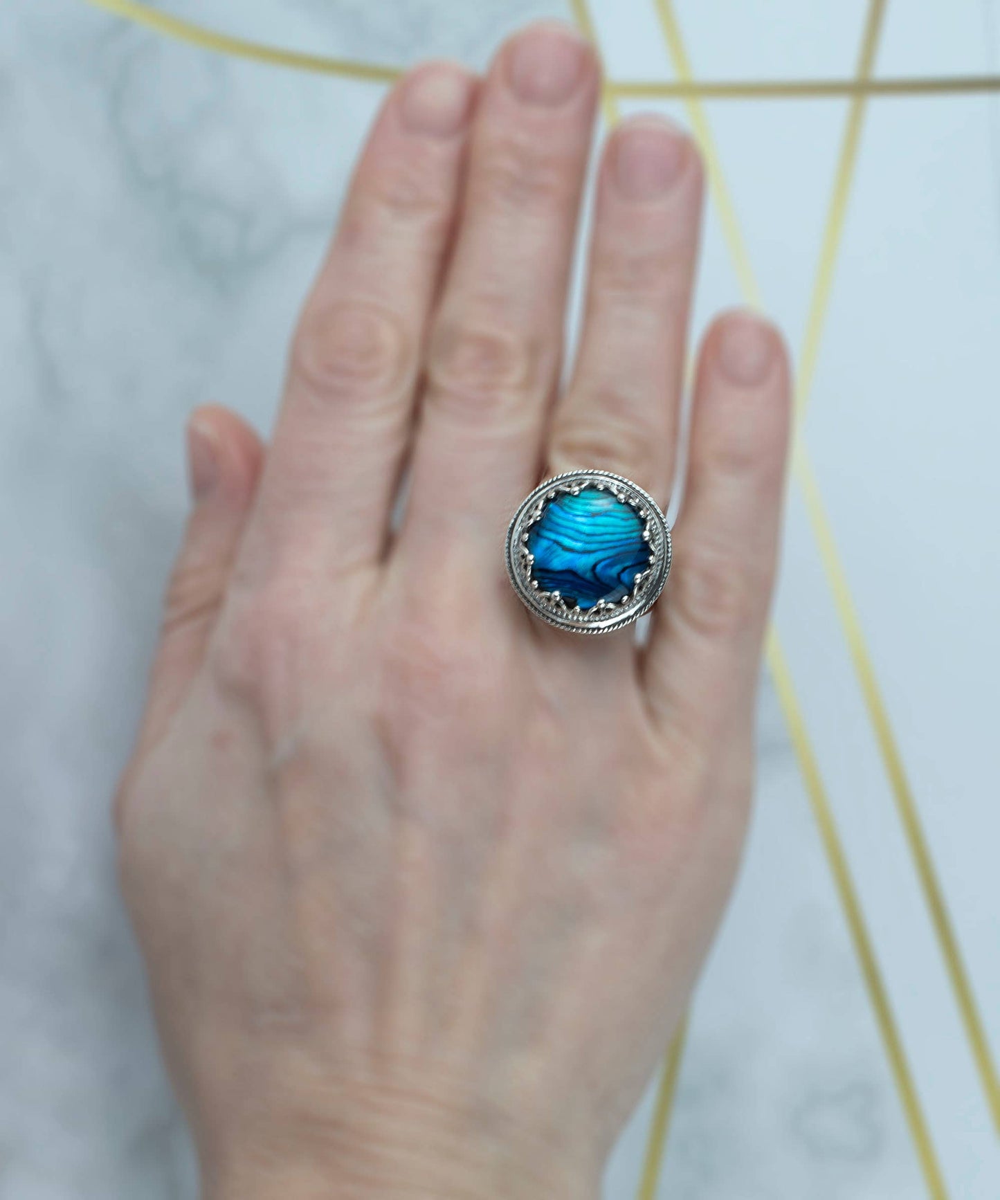 Filigree Art Blue Abalone Gemstone Women Sterling Silver Statement Ring: Blue Abalone / 11
