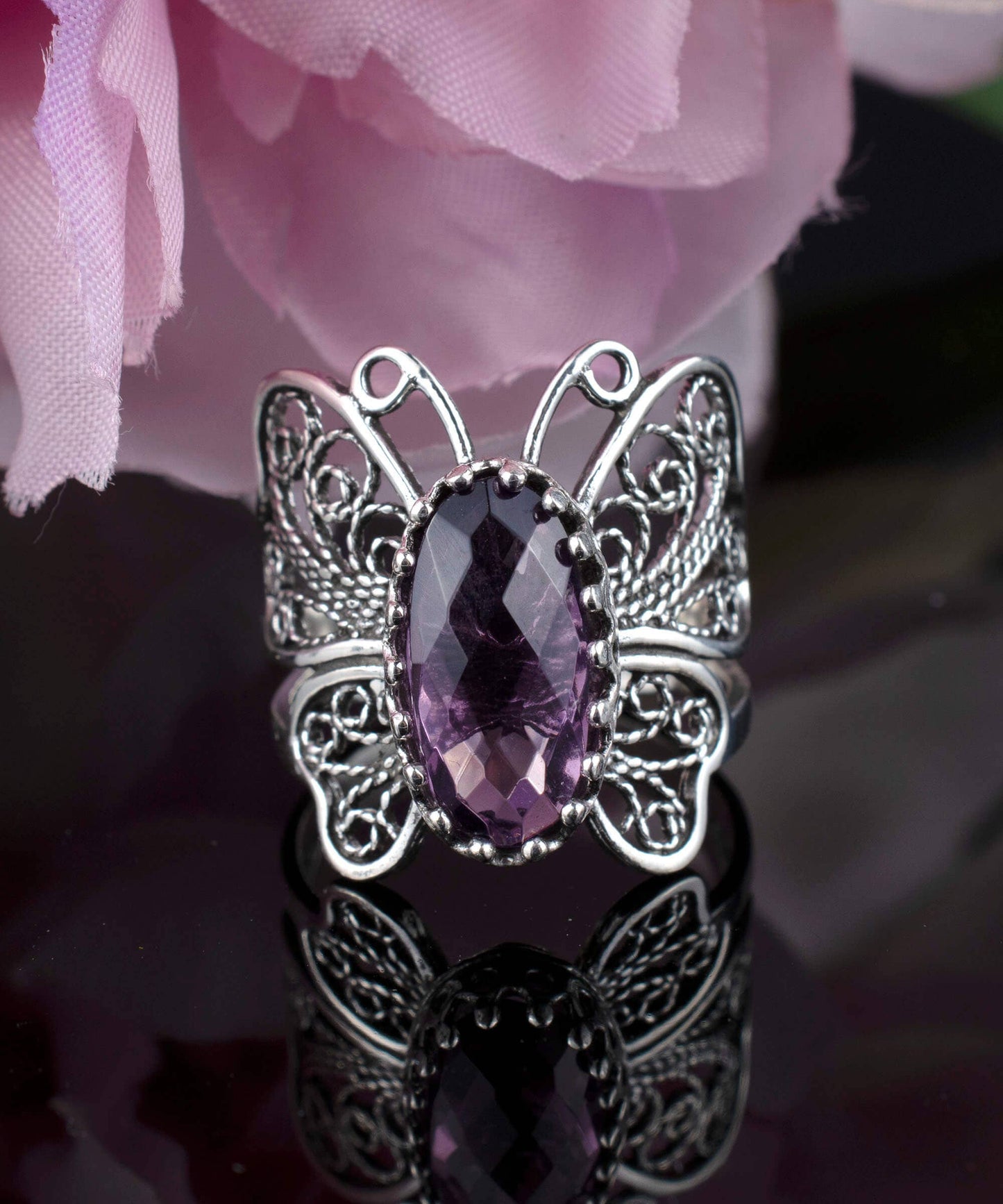 Art Amethyst Gemstone Women Butterfly Sterling Silver Ring: Amethyst / 8