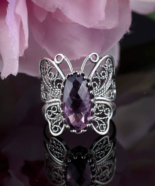 Art Amethyst Gemstone Women Butterfly Sterling Silver Ring: Amethyst / 8