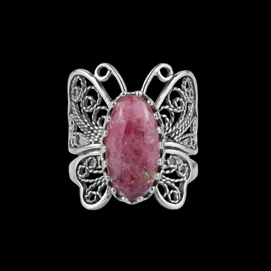 Art Rhodonite Gemstone Women Butterfly Sterling Silver Ring: 8