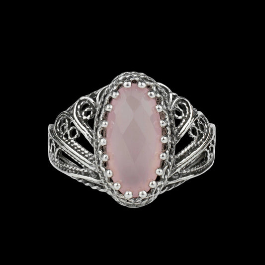 Art Pink Chalcedony Gemstone Angel Wings Women Silver Ring: Pink Chalcedony / 9