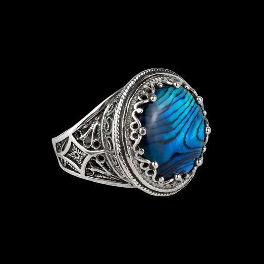 Filigree Art Blue Abalone Gemstone Women Sterling Silver Statement Ring: Blue Abalone / 11