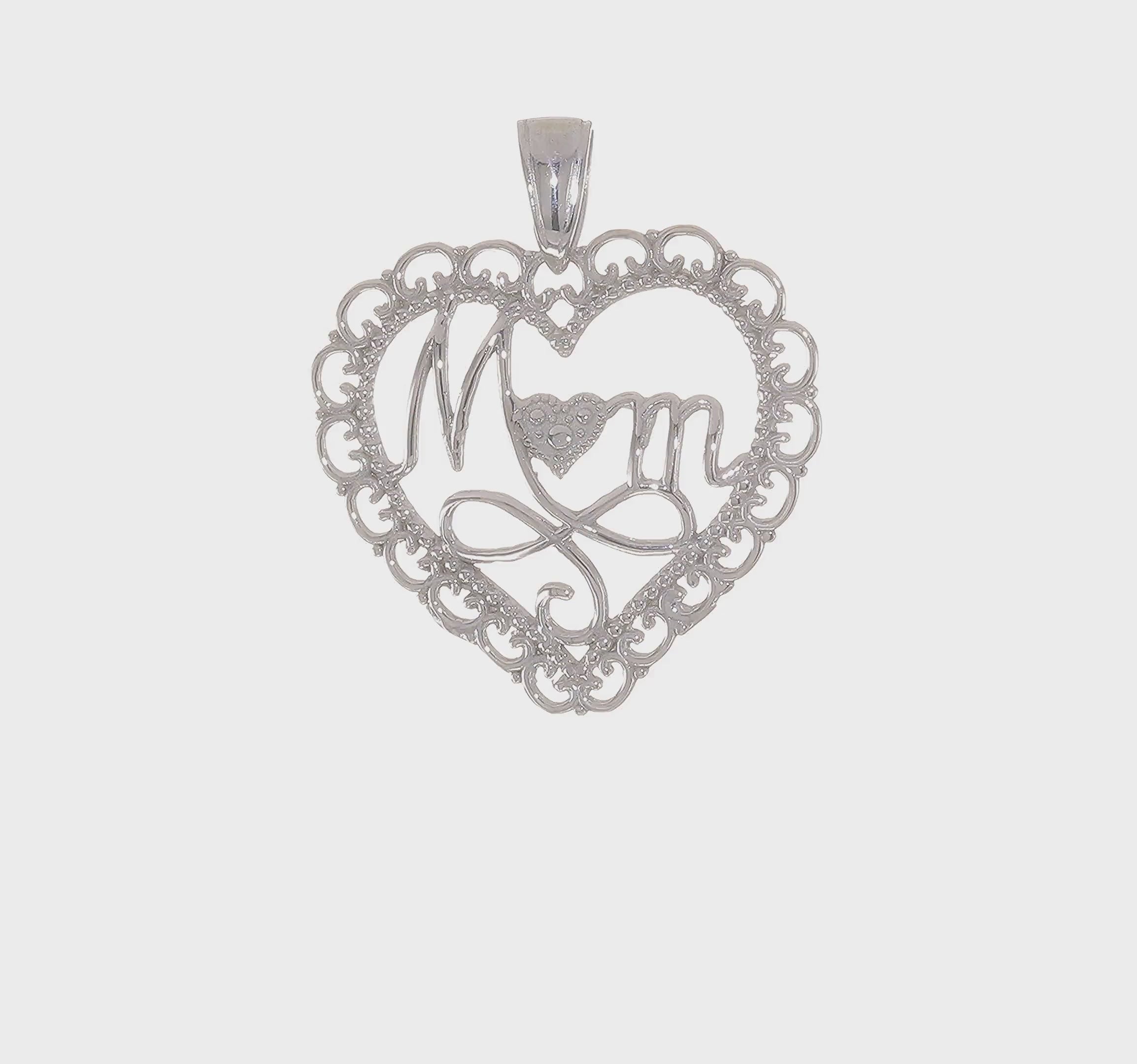 14K White Gold Polished MOM Scallop Heart Pendant (Pendant only)