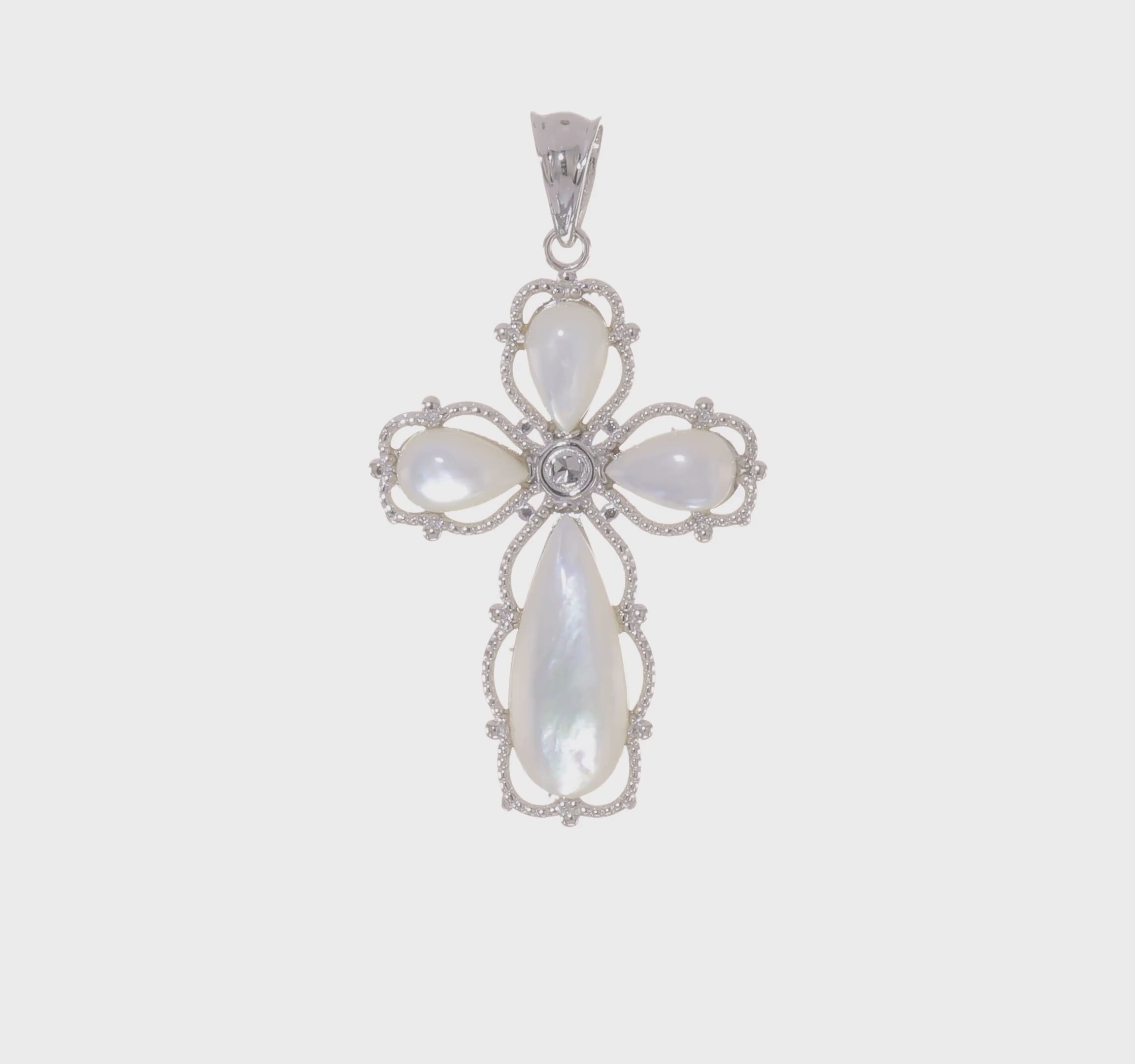 Sterling Silver Rhodium-plated Mother of Pearl Cross Pendant (Pendant only)