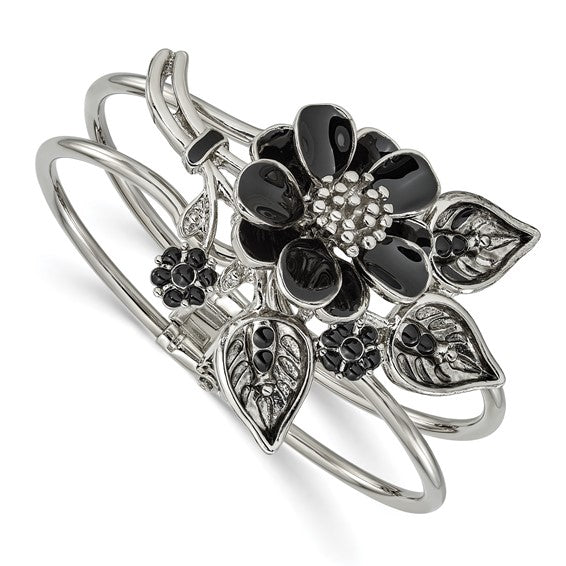 LS - 1928 Jewelry Silver-tone Black Enamel Floral Hinged Bangle Bracelet