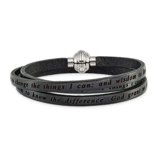 LS - Stainless Steel Serenity Prayer Black Leather Wrap with Magnetic Clasp 23.5 Inch Bracelet